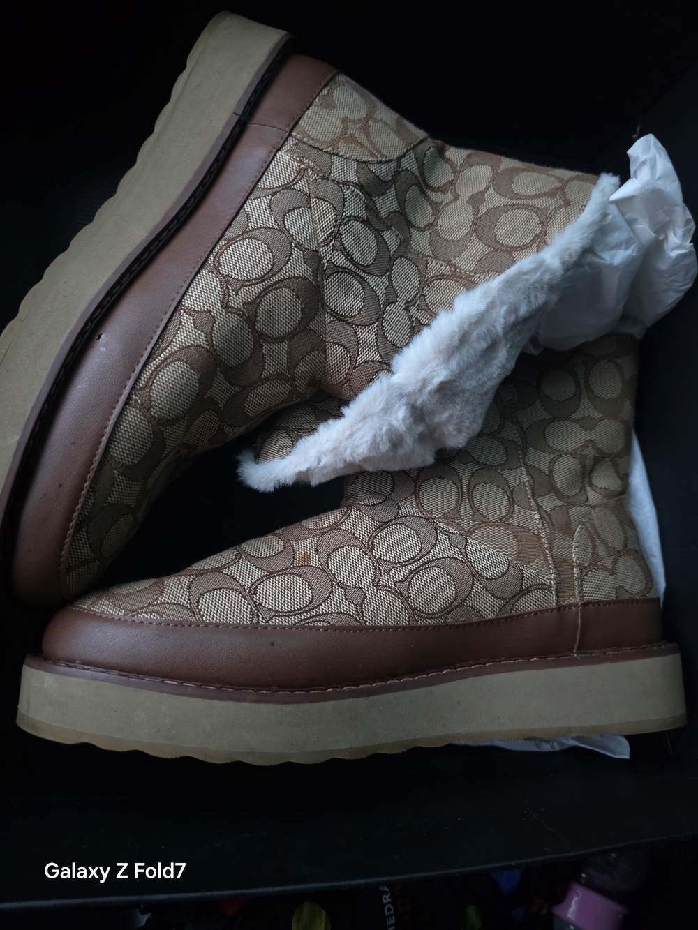 Coach Brown Signature Quilted Shearling Trim Winter Boots